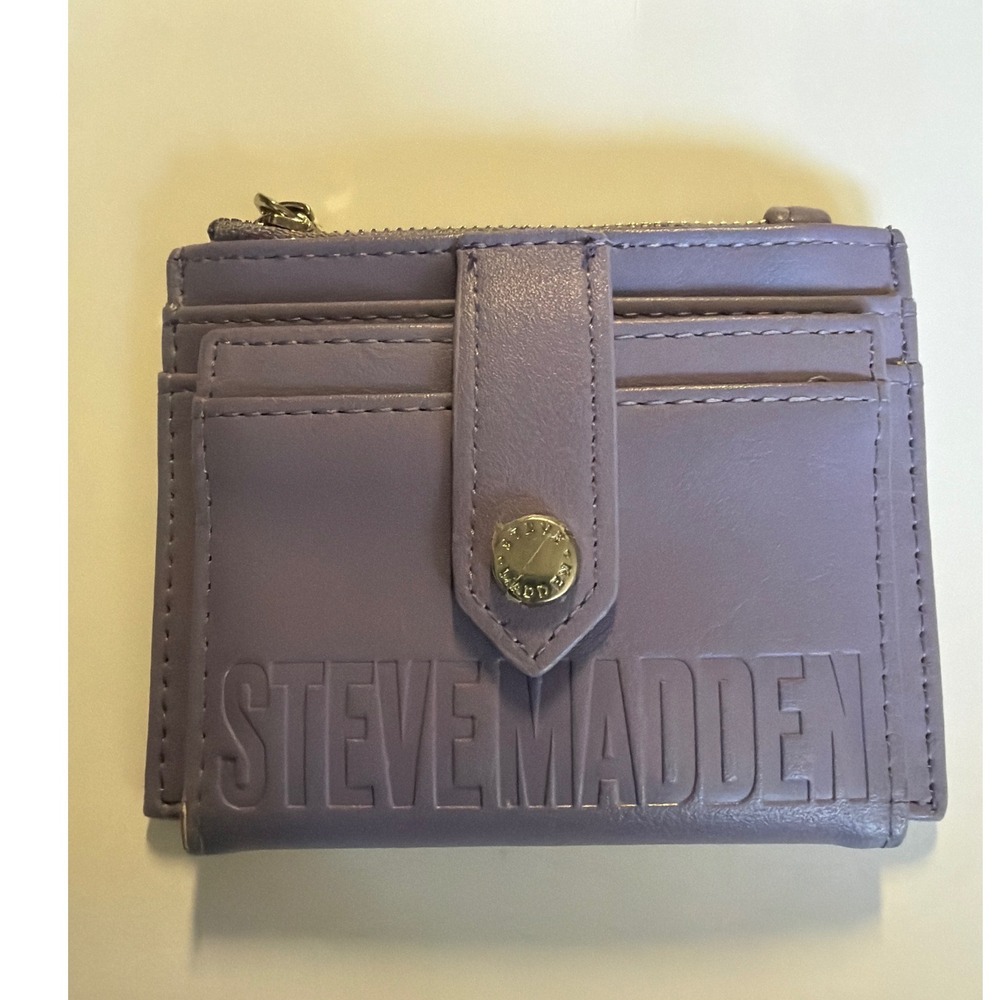 Steve Madden Lavender Purple Faux Leather Bifold Card Case Wallet Zip Pocket